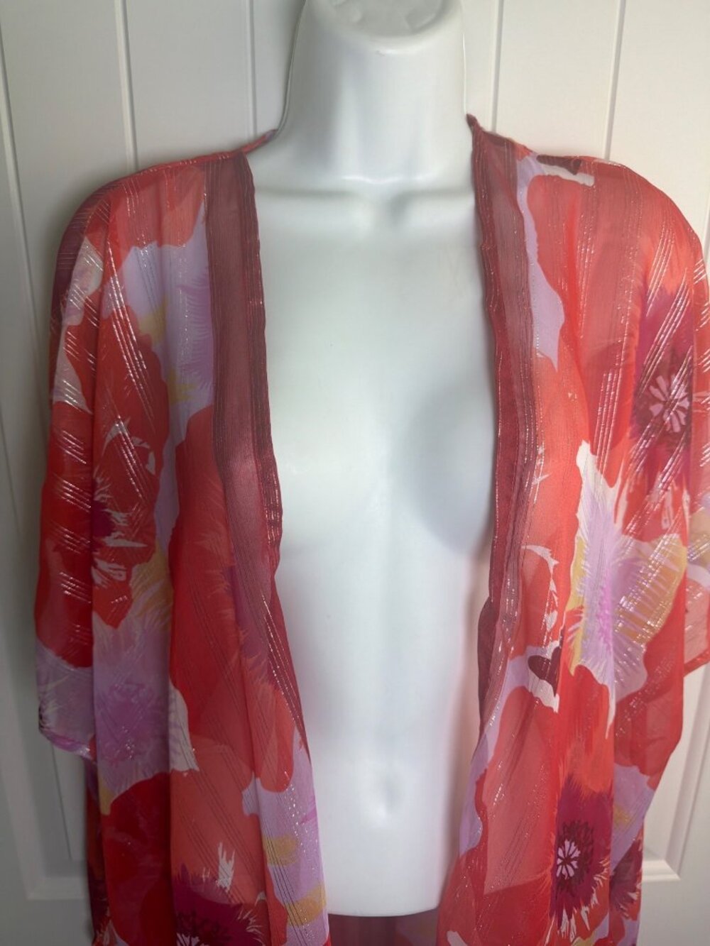 Nine West Sheer Floral Open-Front Kimono One Size Red/Purple Multicolor, NWT - Picture 4 of 8
